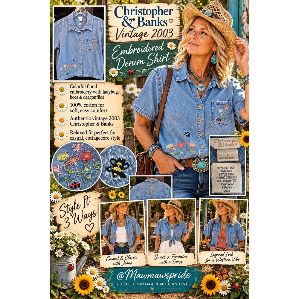 Vintage Y2K Christopher & Banks Denim Shirt L Ladybug Bee Floral Cottagecore